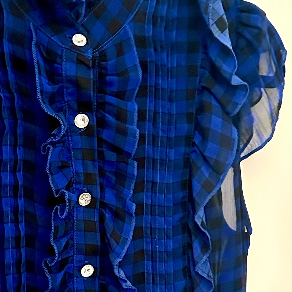 Hera Blue Ruffled Checkered Blouse with Rhinetone Buttons - Picture 2 of 4